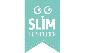 Een mintgroene vlag met de tekst "SLIM HUISHOUDEN" en een grappig gezichtje. Perfect voor wie slim wil opruimen!