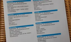 Een huishoudschema met taken per dag, zoals vaatwasser inruimen, keuken schoonmaken en was doen.
