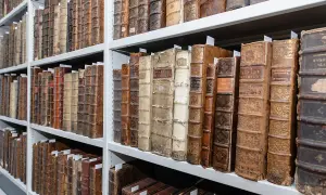 Rijen oude, leren boeken op witte planken. De ruggen zijn versierd met goud en tonen de zorgvuldige manier waarop men vroeger boeken bewaarde.