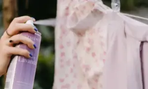 Hand spuit met lavendelgeur op kleding aan de waslijn. Een handige manier om een schoonmaak rooster te maken met een frisse geur.