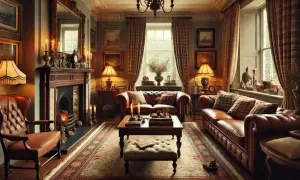 Gezellig engelse cottage stijl interieur met lederen banken, open haard en warme verlichting.