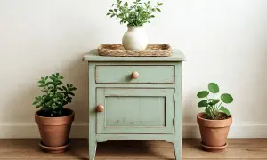 Een opgeknapt groen nachtkastje met lade en deurtje, omringd door planten. Perfect voor kringloop meubels opknappen.