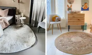 Twee kamers met vloerkleden: een slaapkamer met een zacht, rond vloerkleed en een woonkamer met een rond jute vloerkleed, beide creëren een rustige sfeer met feng shui principes.