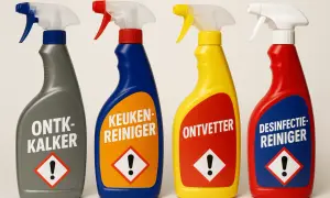 Vier spuitflessen met schoonmaakmiddelen: ontkalker, keukenreiniger, ontvetter en desinfectiereiniger. Wat is een mild schoonmaakmiddel?