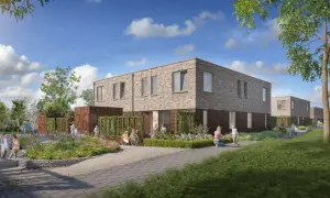 Moderne rug aan rug woning met gezinnen die genieten van de bloeiende tuin en het buitenleven.
