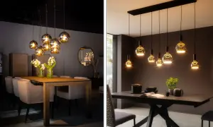 Stijlvolle spots boven eettafel creëren sfeer. Twee eetzalen met moderne verlichting en tafels, klaar voor gezellige diners.