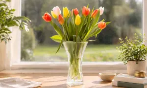 Boeket tulpen in vaas, een vraag over tulpen afsnijden of niet. Zonnig tafereel bij het raam.