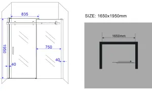 Technische tekening van een inloopdouche met afmetingen 1650x1950mm. De hoogte van de nis is 1950mm.