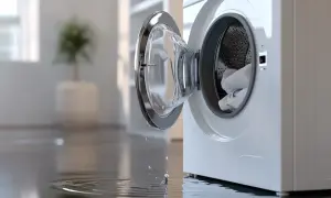 Water druppelt uit de open wasmachinedeur op de natte vloer. De watertoevoer wasmachine werkt niet, wat zorgt voor een onaangename verrassing.