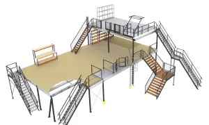 Een moderne entresol woning met meerdere niveaus, trappen en opslagruimte.