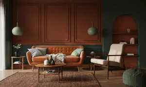 Een woonkamer in art deco stijl met een oranje bank, fauteuil, ronde salontafel en groene accenten.