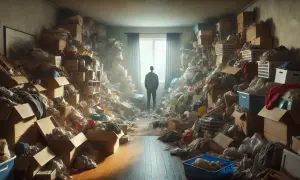 Een man staat in een kamer vol met spullen, een beeld dat de ware hoarders betekenis illustreert. Overal liggen dozen en rommel.