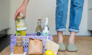 Een mand met spullen voor duurzaam schoonmaken: citroenzuur, azijn, zeep, borstel, citroen en een loofah.