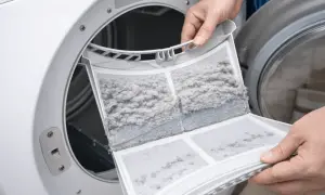 Een verstopte pluizenfilter van de wasmachine, vol met grijze pluisjes. Dit kan leiden tot een wasmachine die vastloopt.