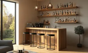 Moderne toog in de woonkamer, met barkrukken en een uitgebreide collectie flessen op de wandplanken.