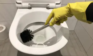 Hand met gele handschoen is bezig met wc poetsen. De toiletborstel maakt de pot schoon.