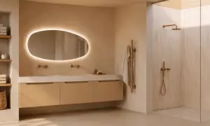 Moderne badkamer met verlichte spiegel, zwevend badmeubel, inloopdouche en koperen accenten. De spiegel verven zou deze serene sfeer nog versterken.