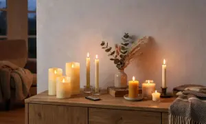 Sfeervolle LED-kaarsen, een veilig alternatief voor kaarsen, verlichten een houten meubel met een vaas en droogbloemen.