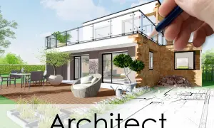 Een architect tekent aan een moderne woning met terras en tuin. De verbouwing is in volle gang.