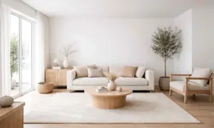 Een lichte woonkamer met een bank, fauteuil, salontafel en plant. Dit is wat is minimalistisch: rust, ruimte en natuurlijke materialen.