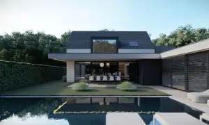 Moderne prefab woning met zwembad en tuin. Grote glazen pui verbindt binnen met buiten.