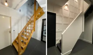 Voordat en nadat de trap is dichtgemaakt met witte panelen. De houten trap is nu een strakke, moderne trap.