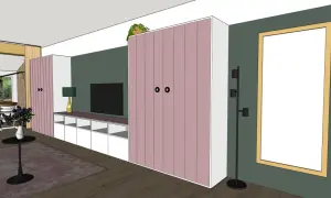 Moderne woonkamer met roze kasten, tv-meubel en eethoek. Een complete uitzetlijst huis voor een stijlvol interieur.