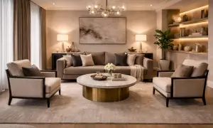 Een hotel chique woonkamer met comfortabele bank, fauteuils, marmeren salontafel en sfeervolle verlichting.