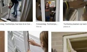 Man veegt deurpost schoon, vrouw geeft duim omhoog bij raam, hand plaatst tochtstrip. Zo kies je de beste tochtstrip voor je huis.