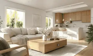 Lichte woonkamer met open keuken, perfect voor iemand die **alleen wonen** omarmt. Een comfortabele bank, houten meubels en veel licht.