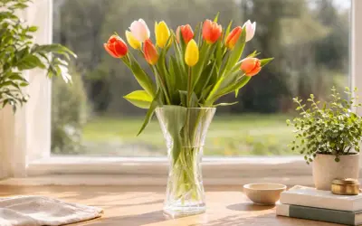 Boeket tulpen in vaas, een vraag over tulpen afsnijden of niet. Zonnig tafereel bij het raam.