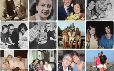 Collage met familiefoto's, van zwart-wit tot kleur. Een inspiratie voor wat te doen met oude foto's: herinneringen delen met dierbaren.