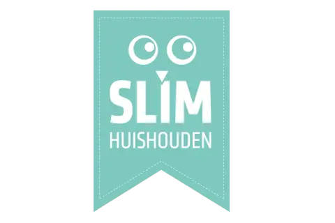 Een mintgroene vlag met de tekst "SLIM HUISHOUDEN" en een grappig gezichtje. Perfect voor wie slim wil opruimen!