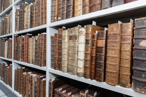 Rijen oude, leren boeken op witte planken. De ruggen zijn versierd met goud en tonen de zorgvuldige manier waarop men vroeger boeken bewaarde.