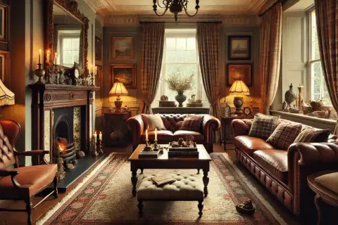 Gezellig engelse cottage stijl interieur met lederen banken, open haard en warme verlichting.