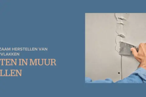 Hand met plamuurmes vult een gat in een muur met vulmiddel. Duurzaam herstellen van oppervlakken.