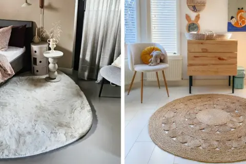 Twee kamers met vloerkleden: een slaapkamer met een zacht, rond vloerkleed en een woonkamer met een rond jute vloerkleed, beide creëren een rustige sfeer met feng shui principes.
