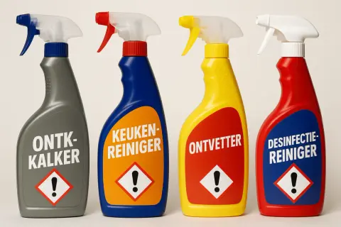 Vier spuitflessen met schoonmaakmiddelen: ontkalker, keukenreiniger, ontvetter en desinfectiereiniger. Wat is een mild schoonmaakmiddel?