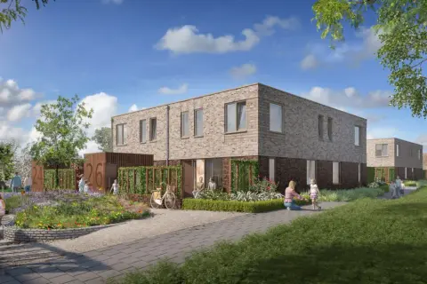Moderne rug aan rug woning met gezinnen die genieten van de bloeiende tuin en het buitenleven.