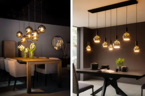 Stijlvolle spots boven eettafel creëren sfeer. Twee eetzalen met moderne verlichting en tafels, klaar voor gezellige diners.