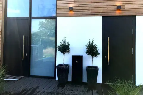 Moderne zwarte voordeur met gouden handgreep, naast een groot raam. Twee olijfbomen in potten en een zwarte brievenbus met nummer 4 bieden voordeur inspiratie.
