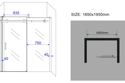 Technische tekening van een inloopdouche met afmetingen 1650x1950mm. De hoogte van de nis is 1950mm.