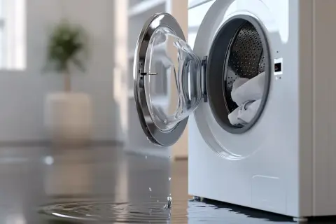 Water druppelt uit de open wasmachinedeur op de natte vloer. De watertoevoer wasmachine werkt niet, wat zorgt voor een onaangename verrassing.