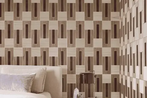 Een stijlvol behang met een geometrisch patroon van bruine en beige rechthoeken, perfect voor een kleine ruimte.