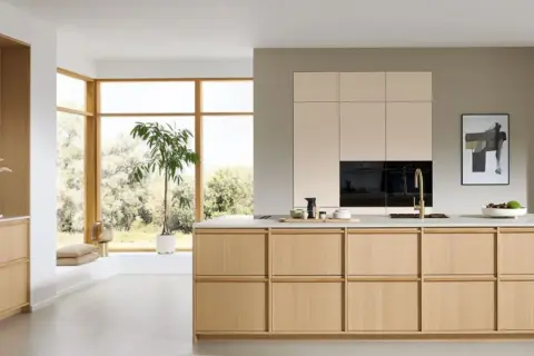Een lichte, minimalistische keuken met houten kasten, een groot raam en een groene plant.