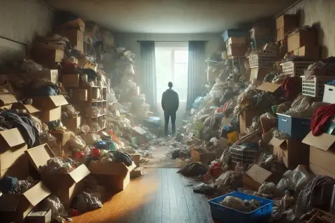 Een man staat in een kamer vol met spullen, een beeld dat de ware hoarders betekenis illustreert. Overal liggen dozen en rommel.