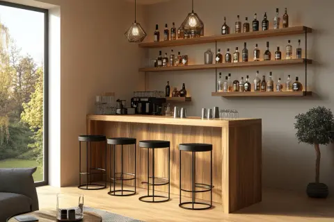 Moderne toog in de woonkamer, met barkrukken en een uitgebreide collectie flessen op de wandplanken.