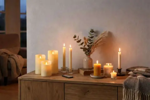 Sfeervolle LED-kaarsen, een veilig alternatief voor kaarsen, verlichten een houten meubel met een vaas en droogbloemen.