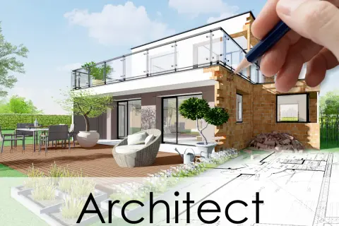 Een architect tekent aan een moderne woning met terras en tuin. De verbouwing is in volle gang.