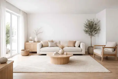 Een lichte woonkamer met een bank, fauteuil, salontafel en plant. Dit is wat is minimalistisch: rust, ruimte en natuurlijke materialen.